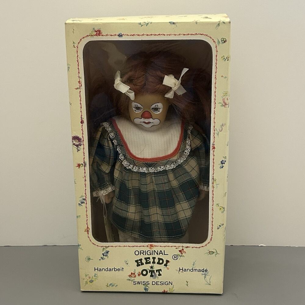 Vintage Heidi Ott Swiss Design Girl Doll w/Painted Clown Face Handmade In Box